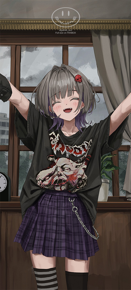 1girl, asymmetrical_legwear, black_shirt, copyright_request, grey_curtains, grey_hair, hair_ornament, lolita_fashion, multicolored_hair, nadegata, outstretched_arms, plaid, plaid_skirt, purple_skirt, sample_watermark, shirt, short_sleeves, skirt, skull_hair_ornament, smile, solo, streaked_hair, window