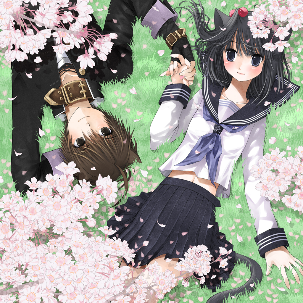 animal_ears, black_eyes, black_hair, blue_eyes, blue_hair, blush, brother_and_sister, brown_eyes