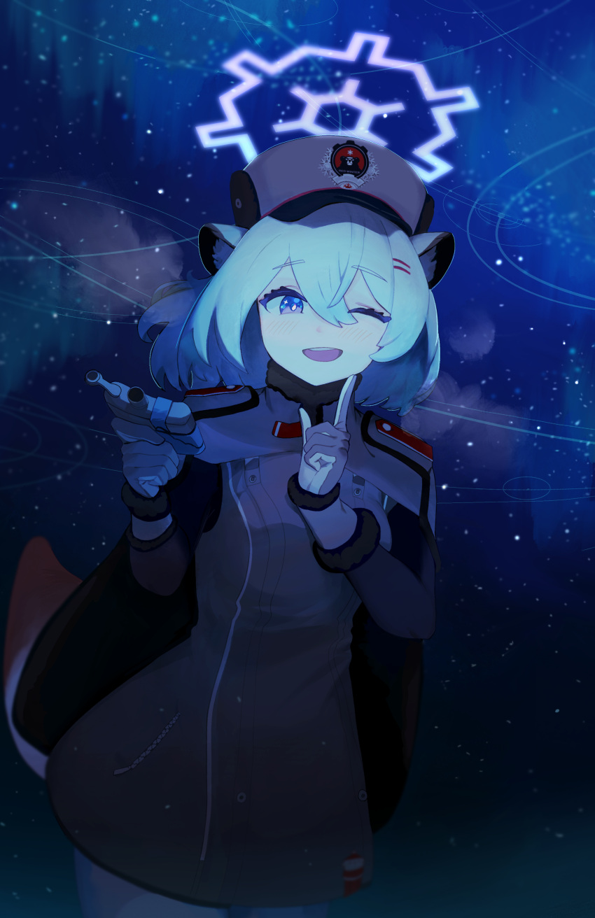 1girl, absurdres, animal_ears, blue_archive, bonefire0909, cape, dress, flask, gloves, green_hair, grey_dress, grey_gloves, halo, highres, night, night_sky, one_eye_closed, shigure_(blue_archive), sky, violet_eyes, visible_air