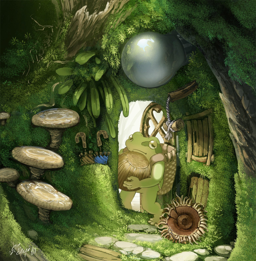 animal, basket, door, fantasy, flower, frog, hachiya_shohei, highres