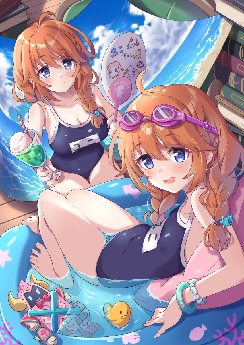 2girls, absurdres, brown_hair, competition_school_swimsuit, dessert, food, highres, indoors, innertube, multiple_girls, ponytail, princess_connect!, school_swimsuit, swimsuit, toy, tsukachii, twintails, yuni_(princess_connect!)