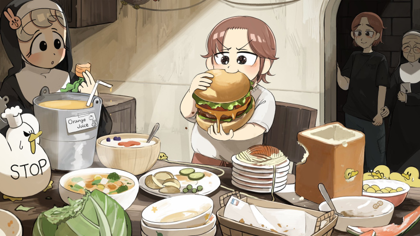 4girls, bird, black_eyes, black_shirt, blue_pants, body_writing, bowl, bread