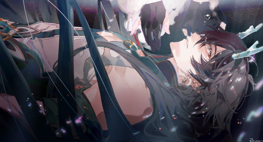 1boy, aqua_eyes, bare_shoulders, black_hair, chinese_clothes, crying, dan_heng_(honkai:_star_rail), dan_heng_(imbibitor_lunae)_(honkai:_star_rail)