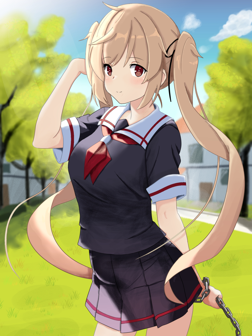 1girl, black_serafuku, black_shirt, black_skirt, blue_sky, brown_eyes, chain, clouds