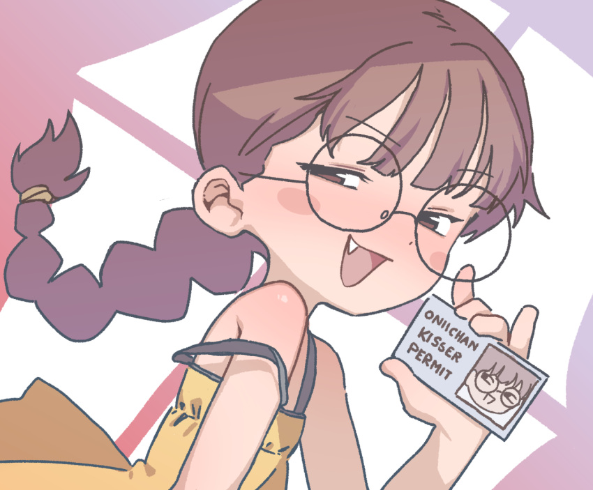 1girl, bare_shoulders, black-framed_eyewear, blunt_bangs, blush_stickers, braid, brown_eyes, brown_hair, card, dot_nose, dress, english_text, fang, flat_chest, floating_hair, glasses, hand_up, holding, holding_card, id_card, long_hair, looking_at_viewer, mesugaki, open_mouth, orenji_(wholesomeorenji), original, round_eyewear, shoulder_blush, simple_background, single_braid, smile, solo, spaghetti_strap, straight_hair, upper_body, very_long_hair, yellow_dress