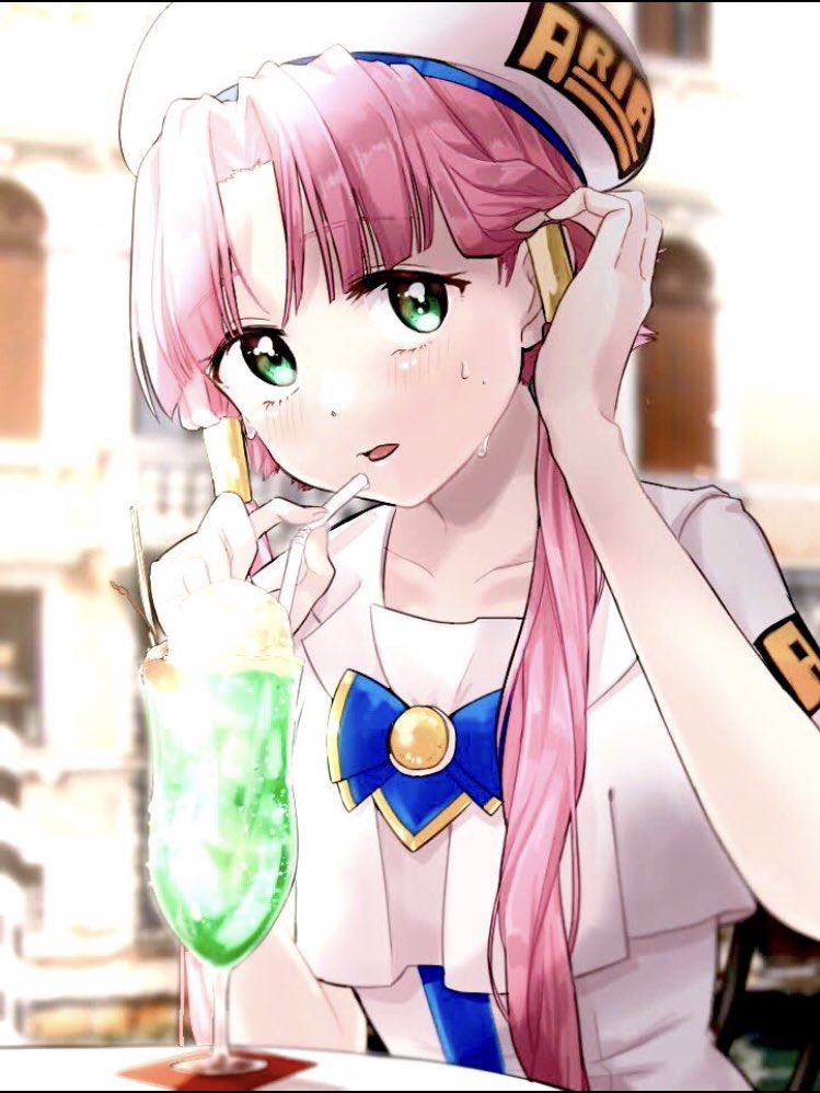 1girl, adjusting_hair, aogirism, aria, aria_company_uniform, beret, blurry, blurry_background, blush, chair, collarbone, cup, depth_of_field, dress, drinking_straw, food, gold_trim, green_eyes, hair_tubes, hands_up, hat, ice_cream, ice_cream_float, looking_at_viewer, mizunashi_akari, on_chair, open_mouth, outdoors, parted_bangs, pink_hair, print_dress, shirt, short_hair_with_long_locks, short_sleeves, sitting, solo, sweat, sweatdrop, upper_body, white_dress, white_headwear, white_shirt
