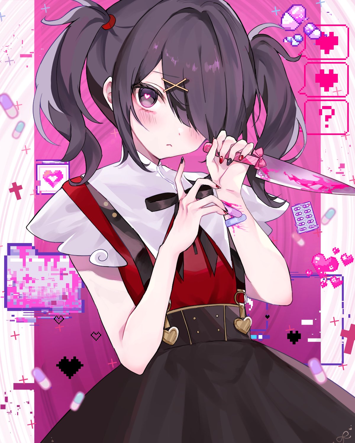 1girl, ame-chan_(needy_girl_overdose), black_eyes, black_hair, black_nails, black_skirt, blood, blood_on_knife, blush, collar, collared_shirt, hair_ornament, hair_over_one_eye, haruta_333_x, heart, heart-shaped_pupils, highres, holding, holding_knife, knife, medium_hair, needy_girl_overdose, pink_blood, red_shirt, shirt, shirt_tucked_in, skirt, solo, suspender_skirt, suspenders, symbol-shaped_pupils, twintails, white_collar, x_hair_ornament