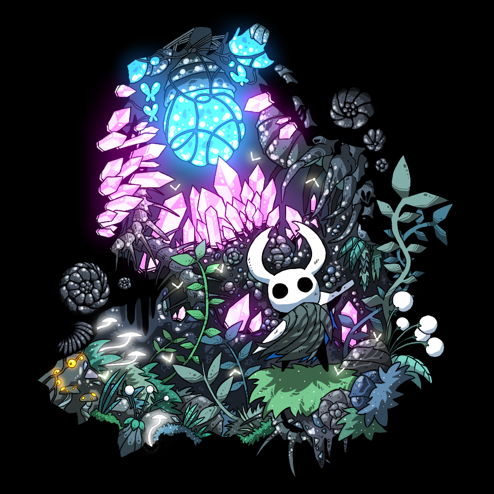 1other, black_eyes, black_skin, blank_eyes, bone, colored_skin, commentary_request, full_body, glowing, grass, grey_cloak, holding, holding_weapon, hollow_knight, knight_(hollow_knight), lifeblood_cocoon, mushroom, nail_(hollow_knight), other_focus, pink_gemstone, plant, sakana_2-gou, solid_circle_eyes, solo, spine, standing, vines, weapon