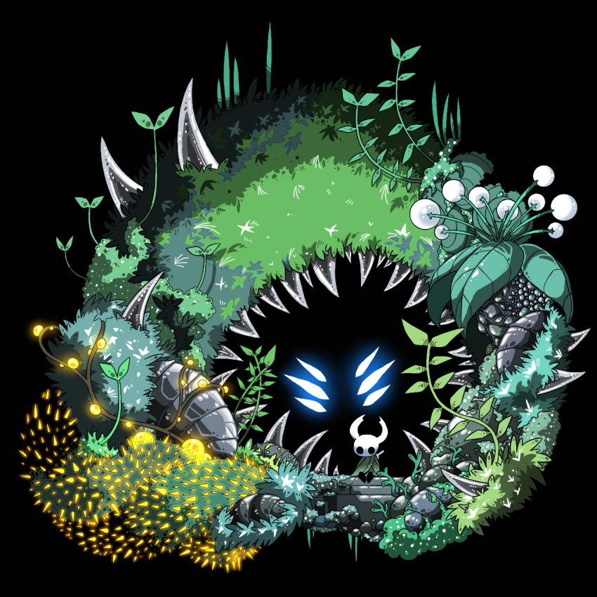 1other, black_border, black_skin, blue_eyes, border, cave, cloak, colored_skin, commentary_request, extra_eyes, eyes_in_shadow, full_body, glowing, glowing_eyes, grass, green_cloak, highres, hollow_knight, hunter_(hollow_knight), knight_(hollow_knight), leaf, nail_(hollow_knight), on_stairs, other_focus, plant, sakana_2-gou, sitting, spikes, stairs, thorns, vines, weapon, weapon_on_back
