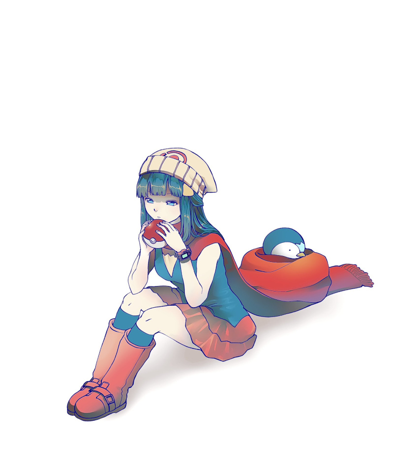 1girl, beanie, bird, blue_eyes, blue_hair, blue_socks, boots, closed_mouth, fingernails, full_body, hair_ornament, half_updo, hands_up, hat, highres, hikari_(pokemon), holding, holding_poke_ball, knee_boots, kneehighs, konnyakutarooou, long_hair, long_scarf, miniskirt, pink_footwear, pink_skirt, piplup, poke_ball, poke_ball_(basic), pokemon, pokemon_(creature), pokemon_(game), pokemon_dppt, poketch, red_scarf, scarf, simple_background, sitting, skirt, socks, solo, straight_hair, watch, watch, white_background, white_headwear