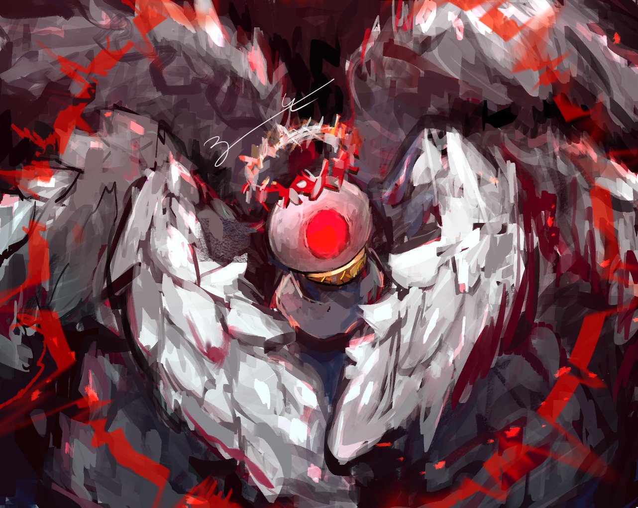 angel_wings, aoruuto, blood, commentary_request, embryo, feathered_wings, glowing, glowing_eyes