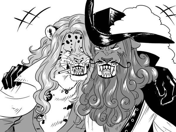 2boys, animal_ears, black_cape, black_gloves, black_headwear, cape, cheek-to-cheek, cigarette