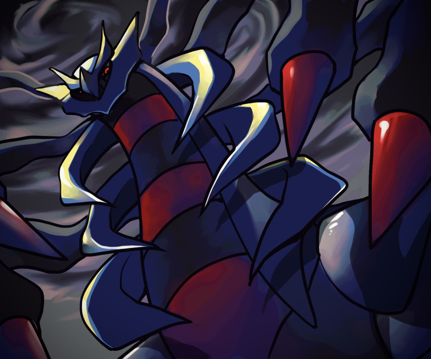 clouds, cloudy_sky, colored_sclera, dark, giratina, giratina_(origin), grey_sclera, highres, konnyakutarooou, no_humans, pokemon, pokemon_(creature), red_eyes, sky, solo, spikes