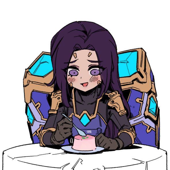 1girl, :d, alternate_costume, blush, brown_gloves, food, gloves, kai'sa