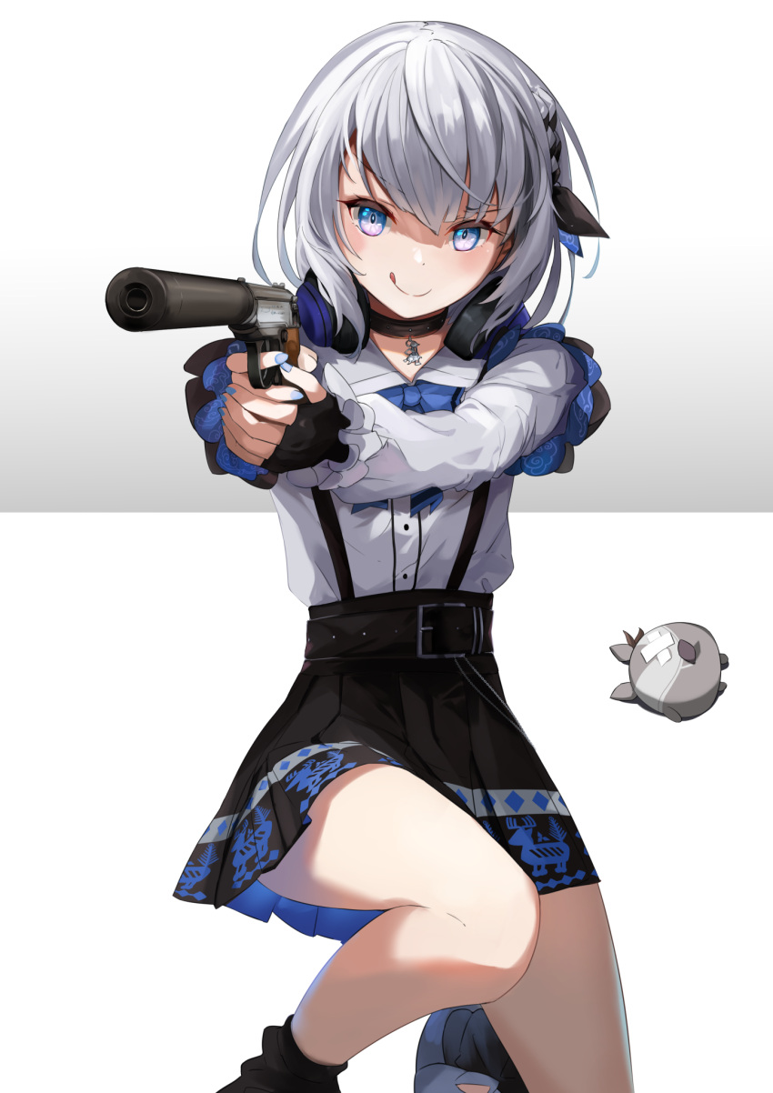 1girl, aiming, bazo_(vestia_zeta), belt, black_belt, black_footwear, black_gloves, black_skirt, blue_bow, blue_eyes, blue_nails, blue_skirt, bob_cut, bow, braid, choker, closed_mouth, feet_out_of_frame, finger_on_trigger, fingerless_gloves, fingernails, french_braid, frilled_shirt, frills, gloves, grey_background, grey_hair, gun, handgun, headphones, headphones_around_neck, highres, holding, holding_gun, holding_weapon, hololive, licking_lips, long_sleeves, on_one_knee, outstretched_arms, shirt, simple_background, skirt, smile, solo, sora_no_tori, suppressor, suspender_skirt, suspenders, tongue, tongue_out, two-tone_background, vestia_zeta, vestia_zeta_(3rd_costume), virtual_youtuber, weapon, weapon_request, white_background, white_shirt