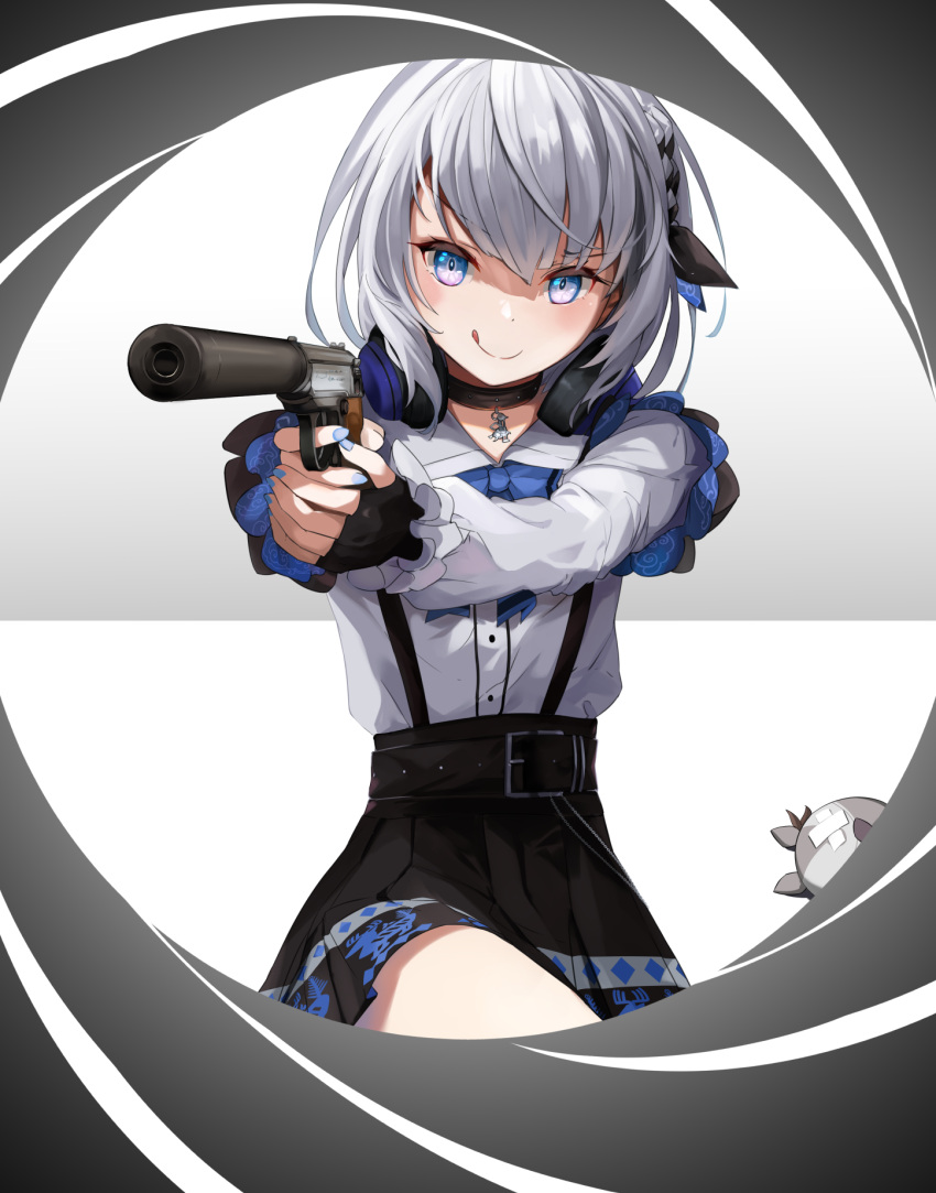1girl, aiming, bazo_(vestia_zeta), belt, black_belt, black_gloves, black_skirt, blue_bow
