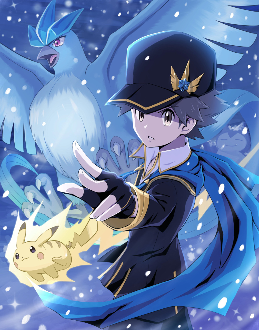 1boy, absurdres, articuno, baseball_cap, black_gloves, black_headwear, black_jacket, blue_scarf