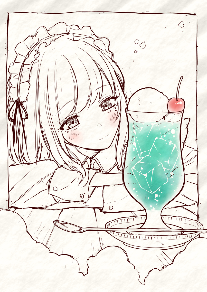 1boy, absurdres, arms_on_table, blush, cherry, closed_mouth, collared_shirt, crossed_arms