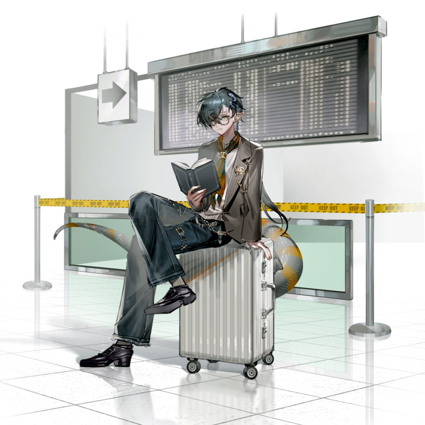 1boy, airport, arknights, black_footwear, black_hair, black_pants, book, braid