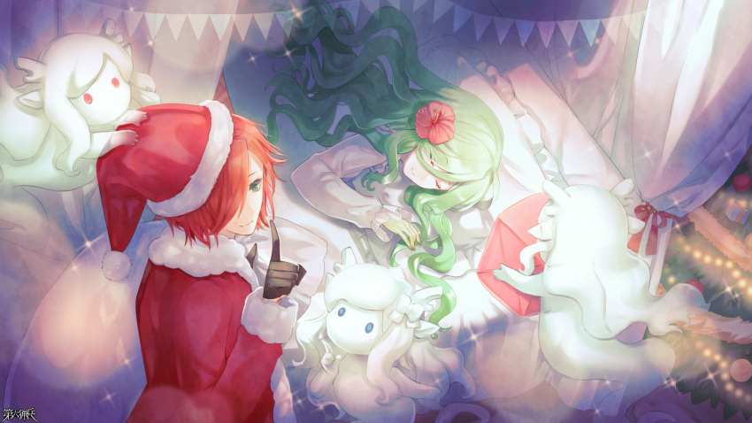 1boy, 1girl, 3others, bed, black_gloves, blue_eyes, christmas_tree, closed_eyes, coat, colored_skin, dairoku_ryouhei, flower, ghost, gift, gloves, gradient_skin, green_skin, hair_flower, hair_ornament, hat, highres, index_finger_raised, long_hair, lying, multiple_others, on_bed, on_side, pepper_tone, pillow, red_coat, red_eyes, red_flower, redhead, sack, santa_costume, santa_hat, sleeping, sparkle, togenatsu, very_long_hair
