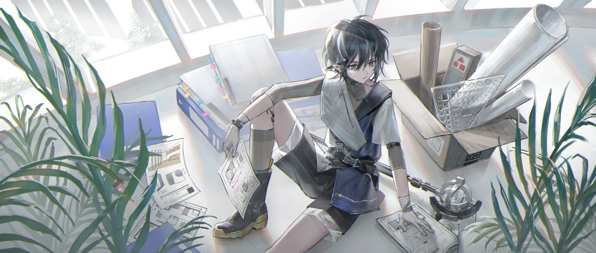 1boy, absurdres, arknights, black_footwear, black_hair, black_shorts, book, boots