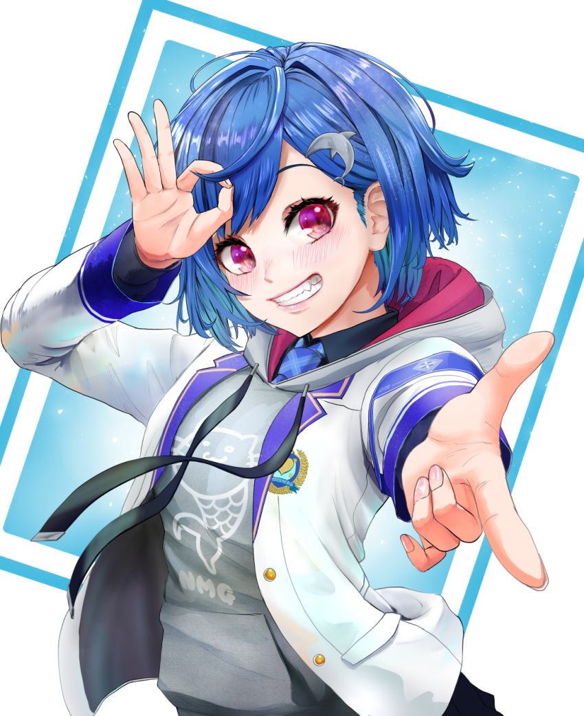 1girl, blue_hair, commentary_request, dolphin_hair_ornament, grey_hoodie, grin, hair_behind_ear, highres, hood, hoodie, nijisanji, nishizono_chigusa, nishizono_chigusa_(1st_costume), numataromomon, ok_sign, pointing, pointing_at_viewer, print_hoodie, school_uniform, selene_girls_school_uniform, short_hair, smile, solo, swept_bangs, violet_eyes, virtual_youtuber