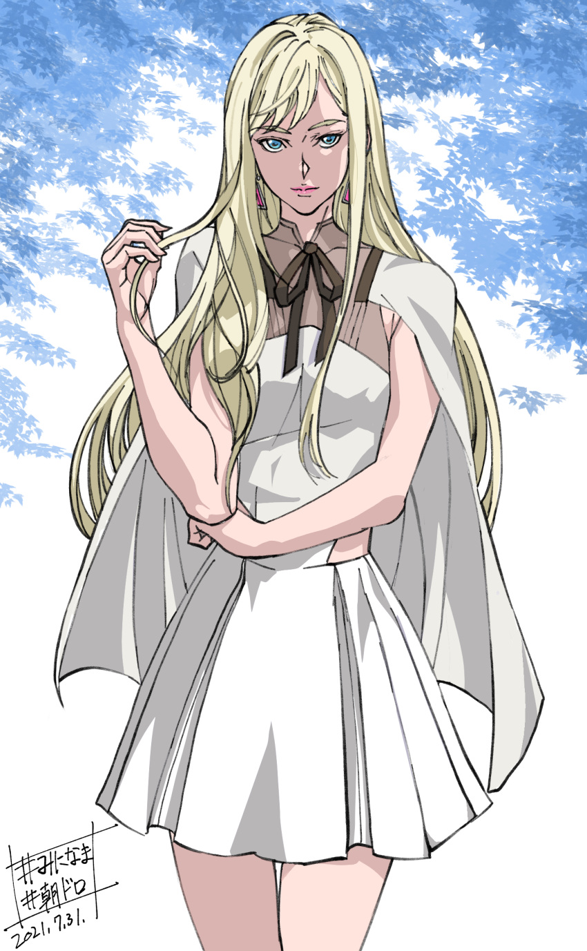 1girl, 2021, arm_up, black_ribbon, blonde_hair, blue_eyes, blue_leaf, cape