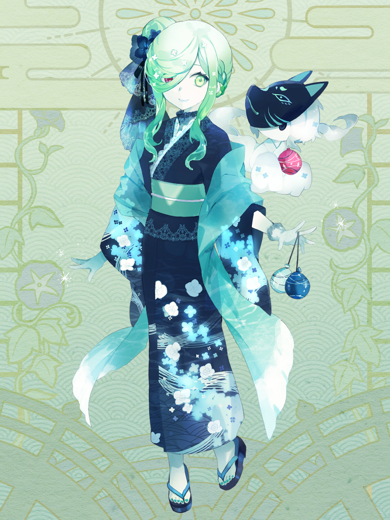 1girl, 1other, ;oo_(tw), braid, dairoku_ryouhei, fox_mask, full_body, ghost, gloves, green_background, green_eyes, green_hair, hair_over_one_eye, heterochromia, mask, obi, pale_skin, pepper_tone, red_eyes, sandals, sash, standing, water_yoyo, white_gloves