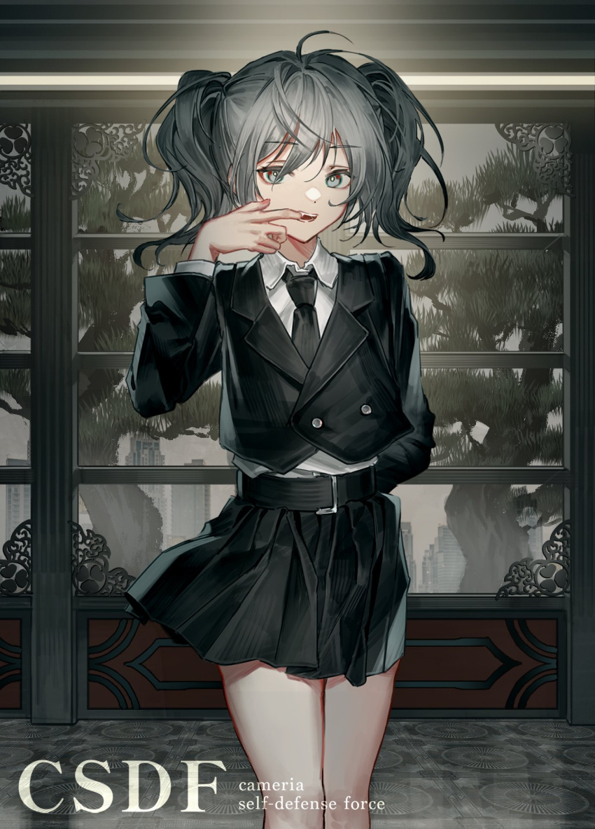 1girl, ahoge, arm_behind_back, belt, black_belt, black_jacket, black_necktie, black_skirt, buttons, collared_shirt, cowboy_shot, english_text, finger_in_own_mouth, grey_eyes, grey_hair, highres, indoors, jacket, long_sleeves, looking_at_viewer, miniskirt, mira_(345toron), mouth_pull, necktie, original, pleated_skirt, shirt, skirt, solo, standing, teeth, twintails, white_shirt, window