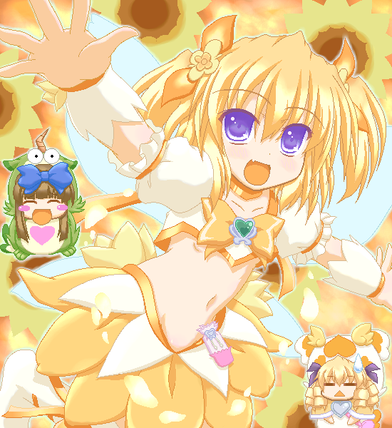 alternate_costume, belly, blonde_hair, blue_eyes, bow, cosplay, coupe, cure_sunshine