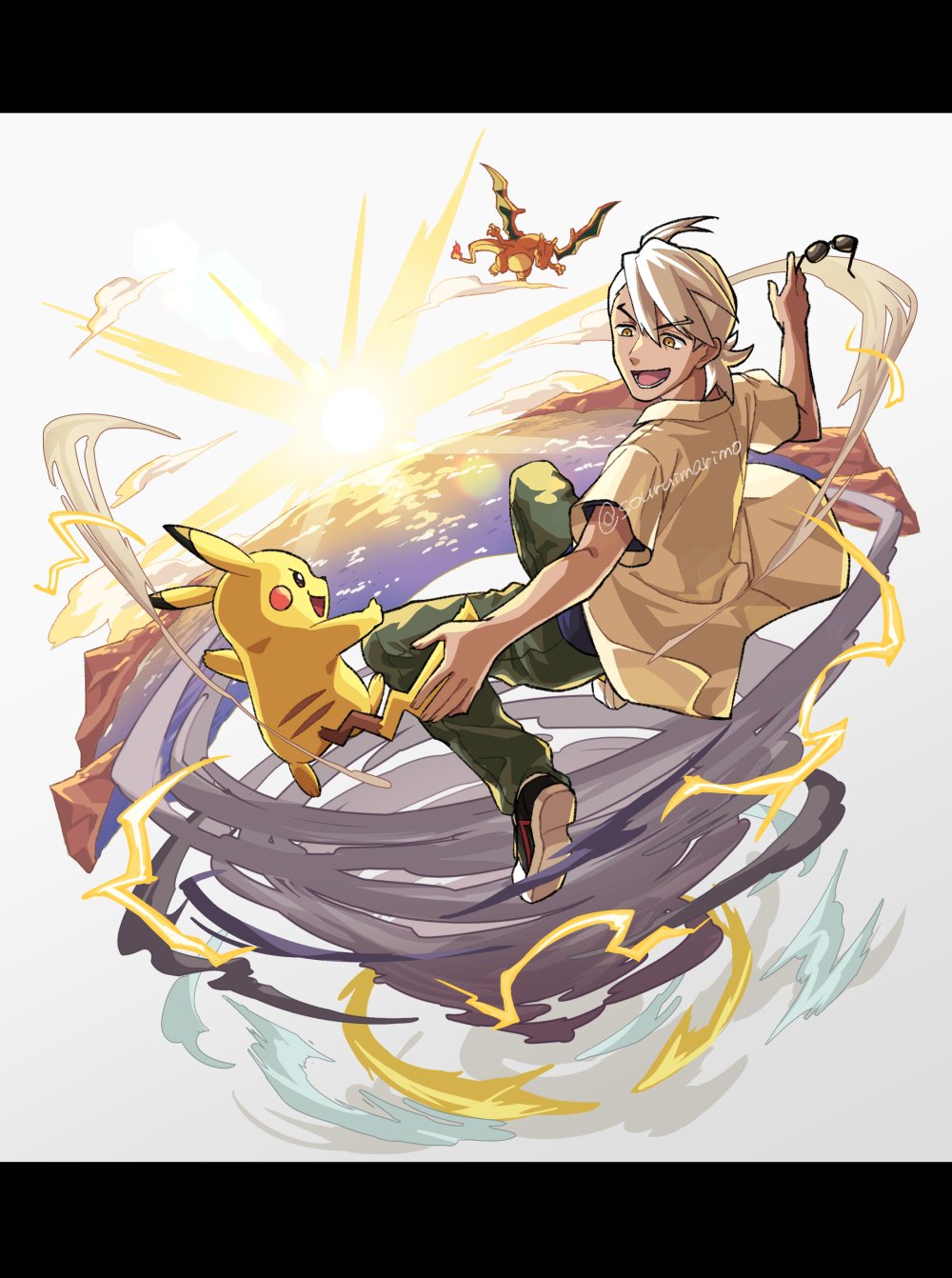 1boy, :d, black_footwear, charizard, commentary_request, eyewear_removed, friede_(pokemon), green_pants, highres, holding, holding_removed_eyewear, kisakitouge_mari, looking_to_the_side, lower_teeth_only, male_focus, medium_hair, open_mouth, outdoors, pants, pikachu, pokemon, pokemon_(anime), pokemon_(creature), pokemon_horizons, shirt, shoes, short_sleeves, smile, sun, sunglasses, teeth, white_hair, yellow_eyes