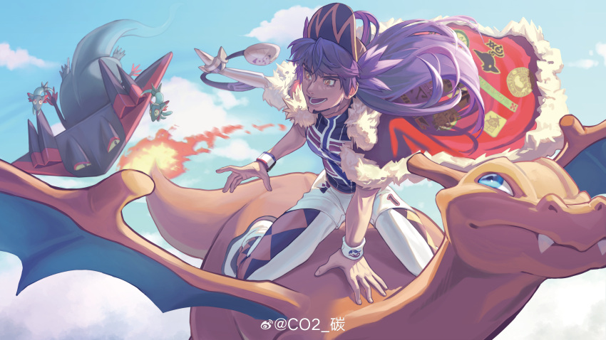 1boy, :d, absurdres, aegislash, baseball_cap, black_shirt, cape, champion_uniform