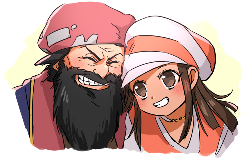 1boy, 1girl, arc_the_lad, beard, black_hair, brown_eyes, brown_hair, chongora_(arc_the_lad), clenched_teeth, closed_eyes, facial_hair, large_hat, long_hair, over_wassyoi, simple_background, smile, teeth, white_background
