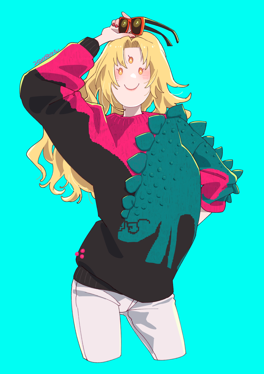 1girl, blonde_hair, closed_mouth, dated, denim, highres, jeans, long_hair