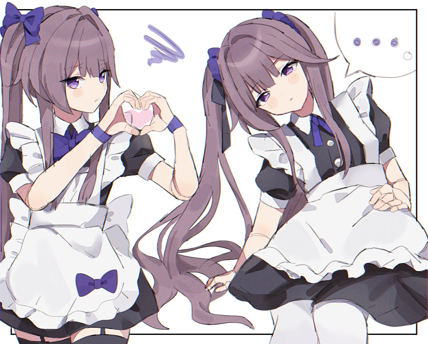 ..., 1girl, anaketsu, apron, arms_up, back_bow, black_dress, black_thighhighs