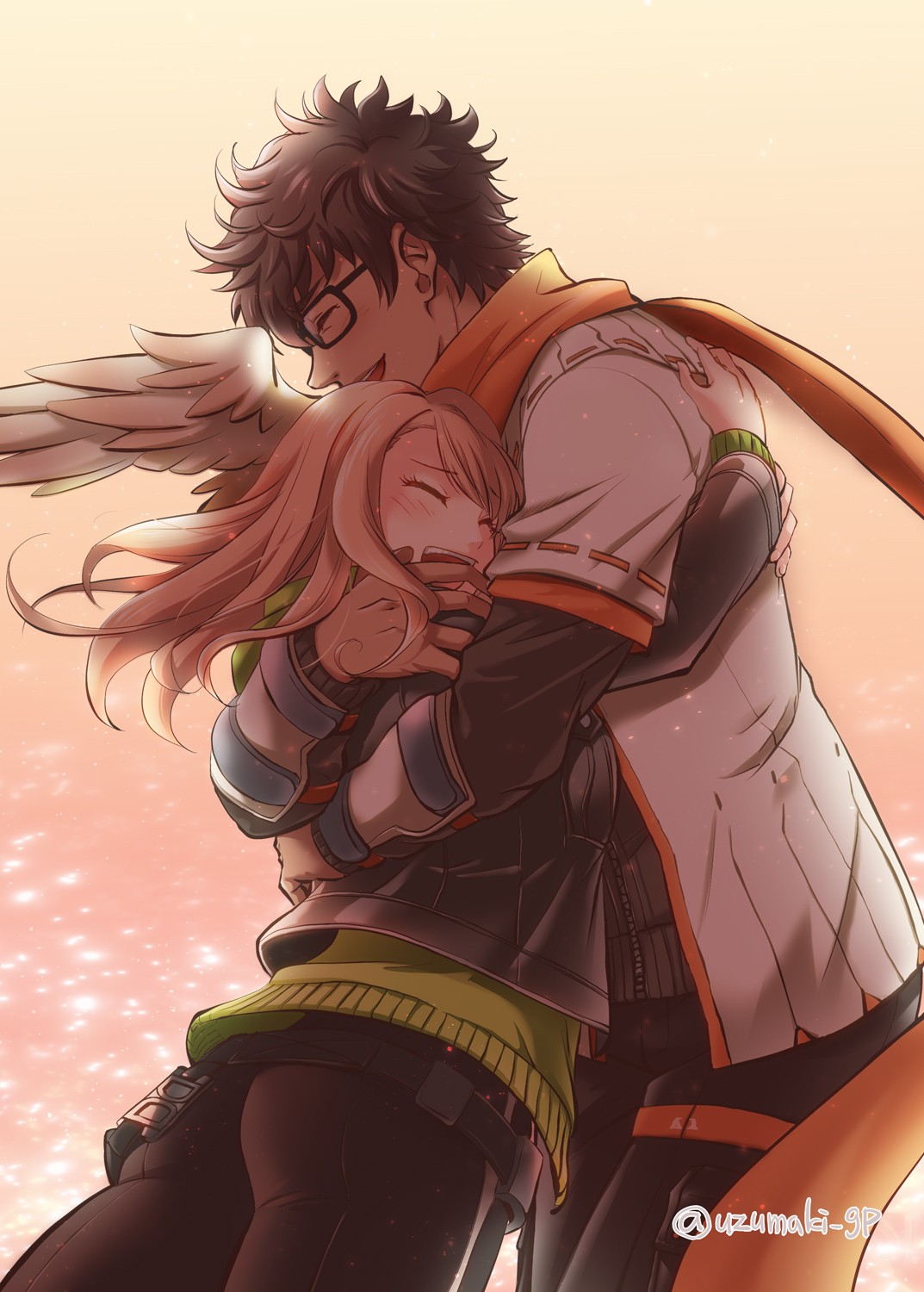1boy, 1girl, black-framed_eyewear, black_bodysuit, black_jacket, black_pants, bodysuit, brown_hair, closed_eyes, couple, dark-skinned_male, dark_skin, eunie_(xenoblade), glasses, happy, head_wings, highres, hug, jacket, long_hair, pants, scarf, simple_background, smile, taion_(xenoblade), uzumaki_(skydirt), white_jacket, white_wings, wings, xenoblade_chronicles_(series), xenoblade_chronicles_3