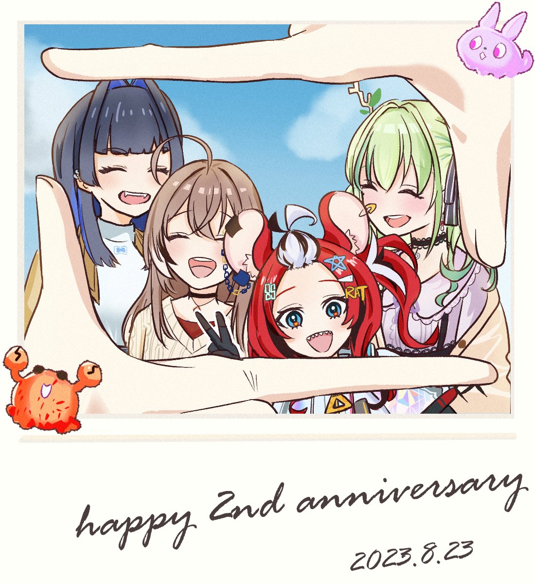 4girls, black_choker, black_gloves, black_hair, blue_eyes, blue_hair, brown_coat, brown_hair