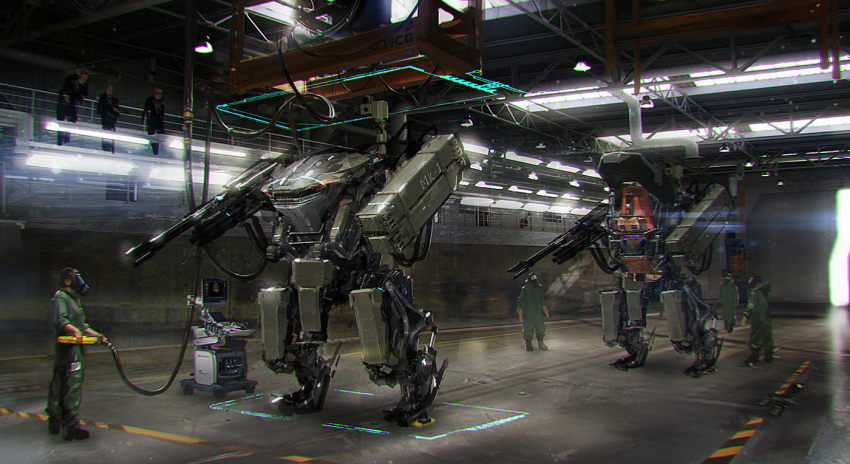 2boys, arm_cannon, cable, concept_art, engineer, english_commentary, hangar, josephkim, jumpsuit, light, machinery, mecha, military, missile_pod, multiple_boys, original, realistic, robot, science_fiction, sign, test, walker, warning_sign, weapon