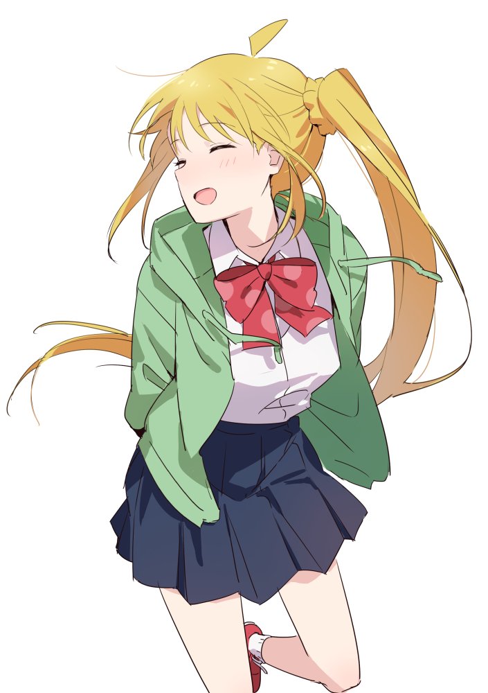 1girl, ahoge, arms_behind_back, blonde_hair, blue_skirt, bocchi_the_rock!, bow, bowtie