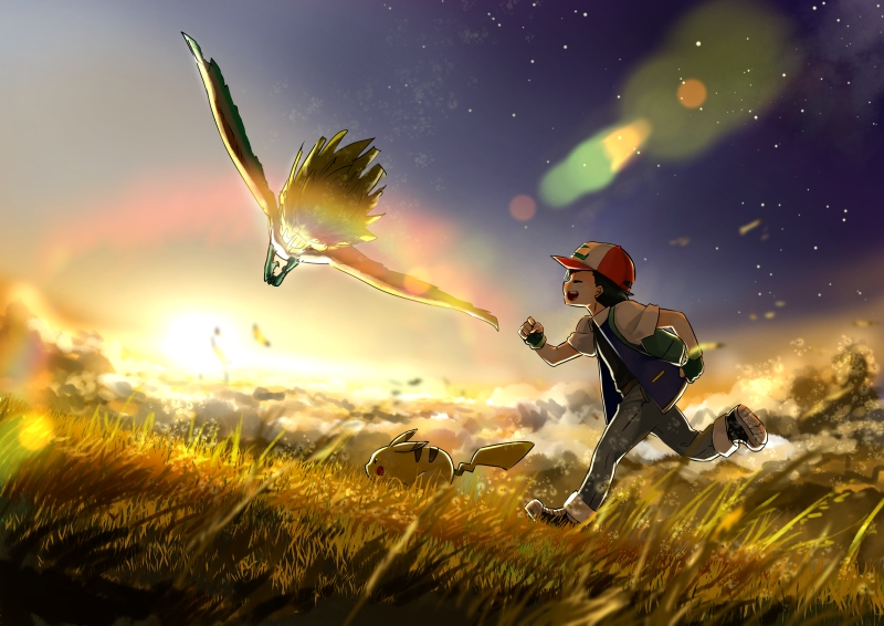 1boy, :d, ash_ketchum, closed_eyes, commentary_request, fingerless_gloves, gloves, hat, ho-oh, jacket, male_focus, matarou0625, open_mouth, outdoors, pants, pikachu, pokemon, pokemon_(anime), pokemon_(classic_anime), pokemon_(creature), running, shoes, short_sleeves, sky, smile, sun, sunset, twilight