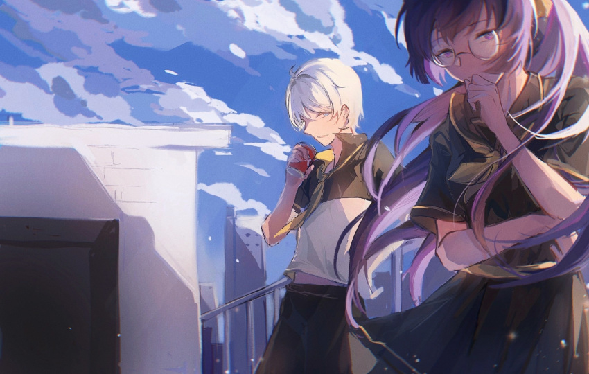 1boy, 1girl, blue_eyes, clouds, cloudy_sky, collared_shirt, couple, cup