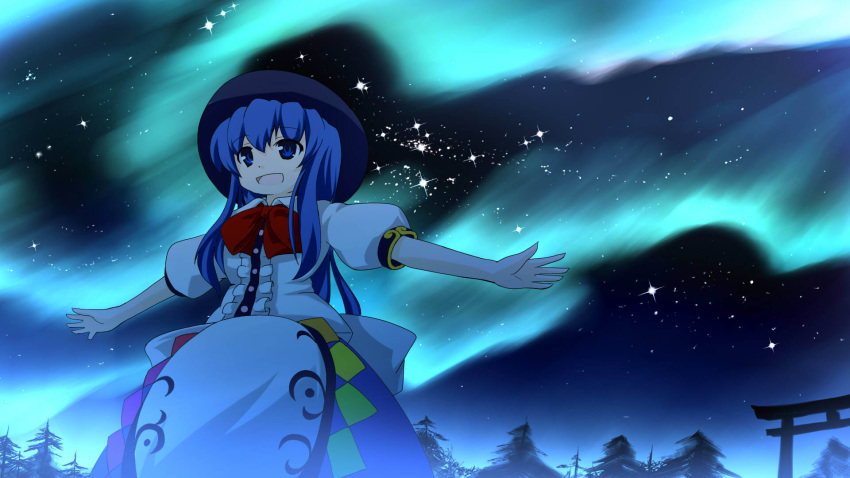 aurora, aurora_borealis, blue_eyes, blue_hair, chipika, food, fruit, hat