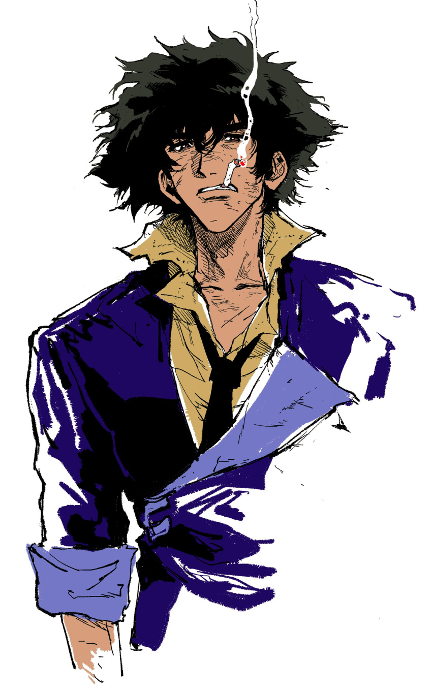 1boy, absurdres, black_hair, black_necktie, blue_jacket, brown_eyes, cigarette, collared_shirt