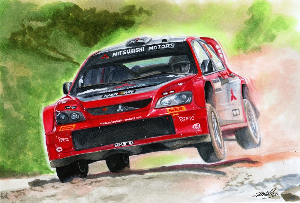 1boy, car, dust_cloud, gravel, helmet, mitsubishi, mitsubishi_lancer_evolution, mitsubishi_motors