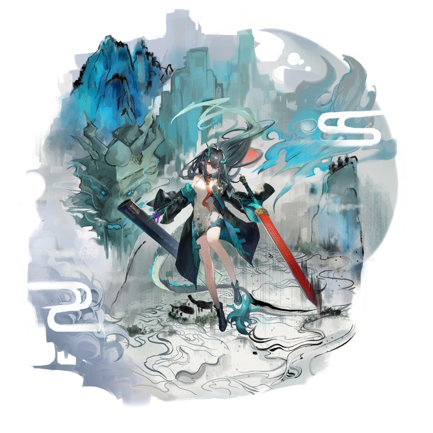 1girl, absurdres, ankle_boots, arknights, bare_legs, black_coat, black_footwear, boots, breasts, clouds, coat, colored_skin, dragon_girl, dragon_horns, dragon_tail, dress, dusk_(arknights), earrings, faux_figurine, flame-tipped_tail, floating_hair, full_body, gradient_skin, green_horns, green_skin, highres, holding, holding_sheath, holding_sword, holding_weapon, horns, huge_weapon, ink_wash_painting, jewelry, long_hair, long_sleeves, medium_breasts, mountain, multicolored_hair, necktie, pointy_ears, red_eyes, red_necktie, sheath, short_dress, single_bare_shoulder, solo, standing, standing_on_one_leg, strash, streaked_hair, sword, tail, tassel, tassel_earrings, very_long_hair, weapon, white_background, white_dress