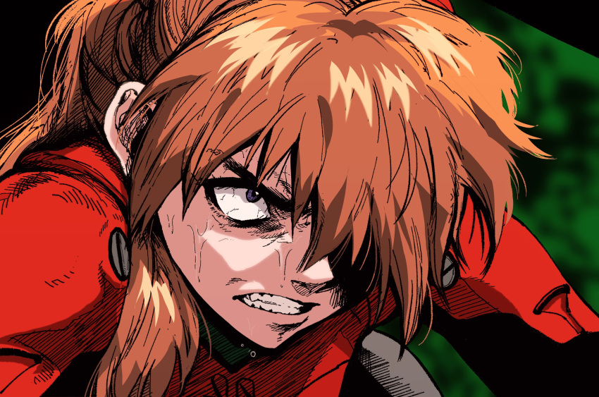 1girl, blue_eyes, bodysuit, clenched_teeth, constricted_pupils, highres, long_hair, my_nameisyoon, neon_genesis_evangelion, open_mouth, orange_hair, plugsuit, red_bodysuit, solo, souryuu_asuka_langley, sweat, teeth, upper_body, v-shaped_eyebrows