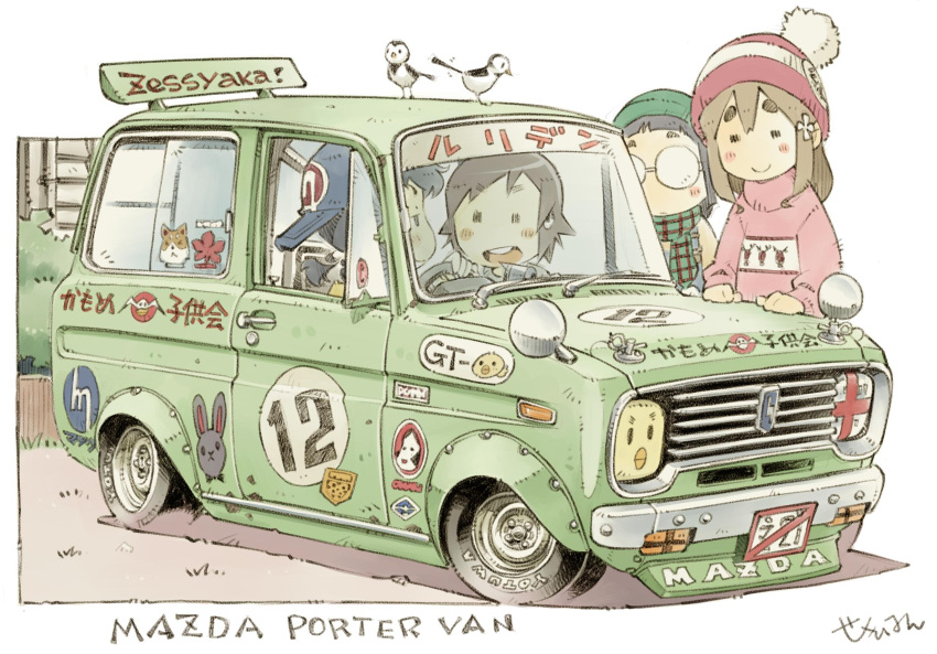 4girls, baseball_cap, beanie, bird, blue_headwear, blush, brown_hair, car, checkered_clothes, checkered_scarf, closed_eyes, green_car, green_headwear, hat, highres, holding, leaning_against_vehicle, license_plate, mazda, mazda_porter_cab, motor_vehicle, multiple_girls, open_mouth, original, red_headwear, red_sweater, round_eyewear, scarf, sekihan, shadow, short_hair, shouwa, signature, sitting, smile, sticker, sweater, teeth, two-tone_sweater, upper_teeth_only, van, vehicle_focus, white_background
