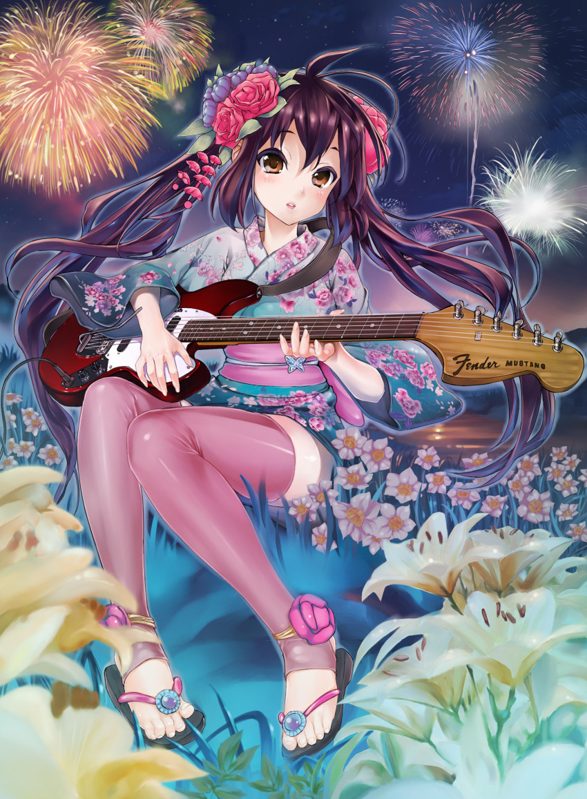 anklet, bad_id, brown_eyes, brown_hair, feet, fender, fireworks, guitar