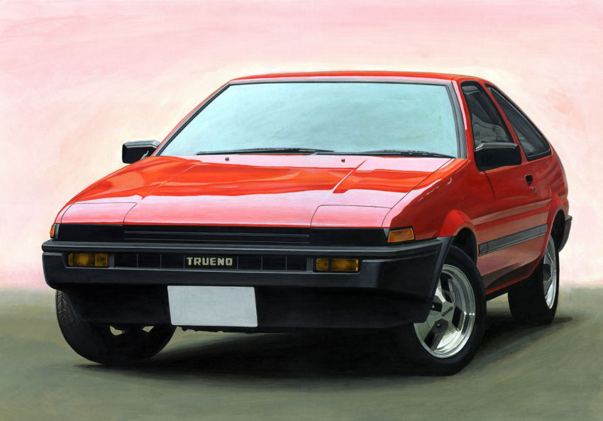 ape_(logo1113), car, colored_pencil_(medium), motor_vehicle, no_humans, original, pink_background, red_car
