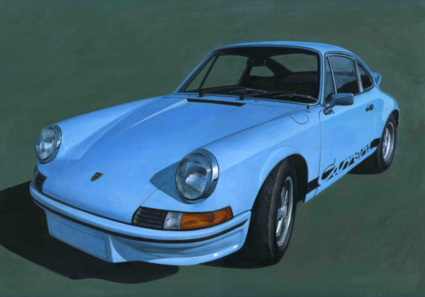 ape_(logo1113), aqua_car, car, colored_pencil_(medium), green_background, highres, motor_vehicle, no_humans, original, porsche, porsche_911, porsche_911_(classic), shadow, simple_background, traditional_media, vehicle_focus